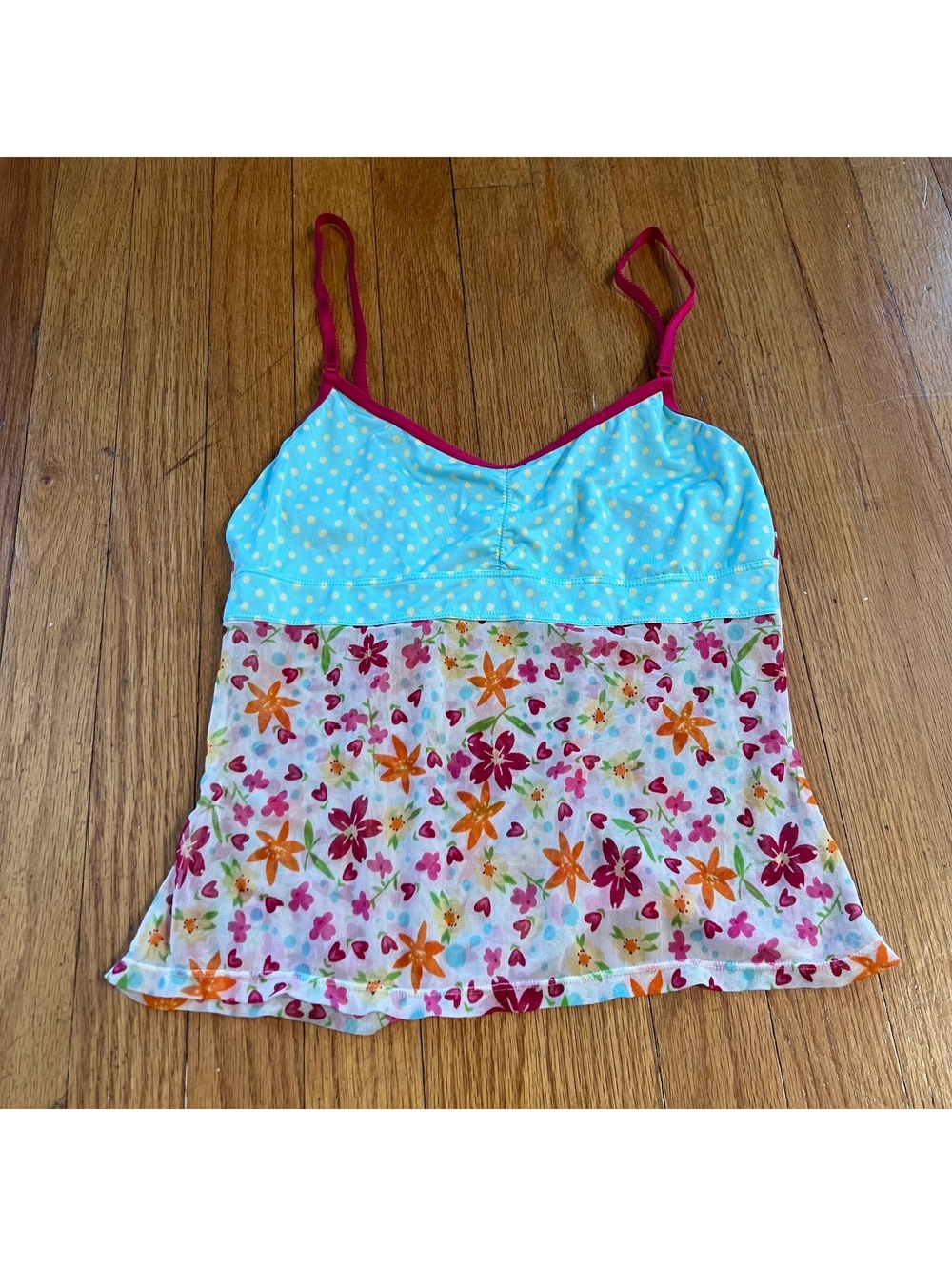 Vintage y2k mesh floral teal polka dot babydoll top